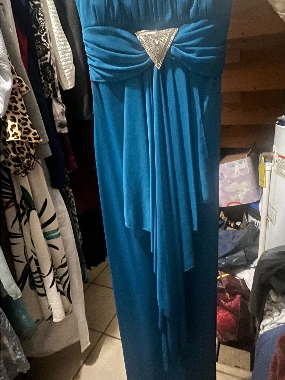 City Triangles Teal Strapless Maxi Dress with Silver Triangle Accent